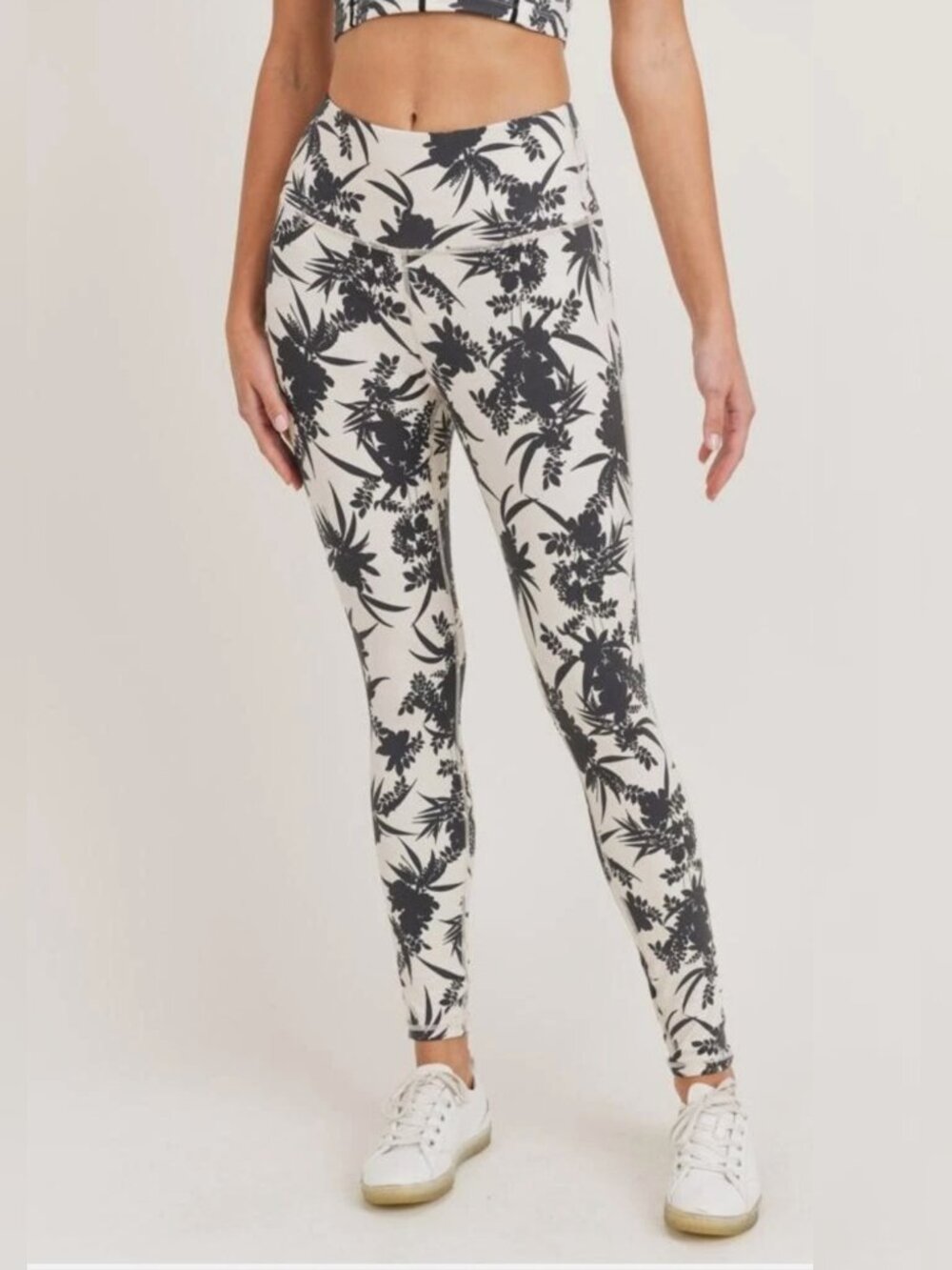 Mono B Cream Leggings with Black Botanical Print Print